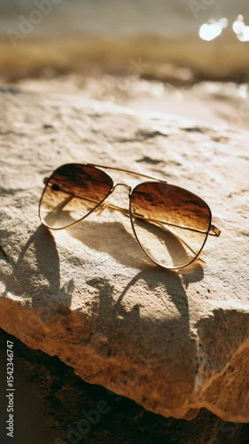 Sunglasses resting on warm beach sand under sunlight, a relaxed and minimal summer vacation vibe, professional product advertisement videography