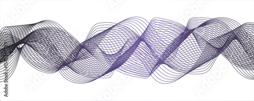 Abstract digital composition with smooth, flowing waveforms made of fine, parallel colorful lines.Modern digital and geometric technology themes & data visualizations, scientific concept.