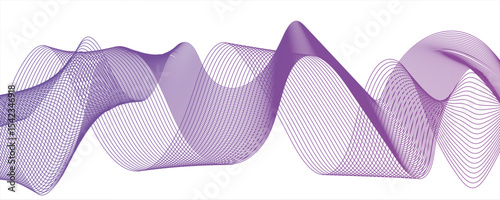 Abstract digital composition with smooth, flowing waveforms made of fine, parallel porple lines.Modern digital and geometric technology themes & data visualizations, scientific concept.