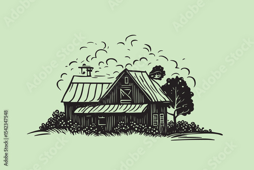 Cozy cabin in the woods or forest farmhouse logotype icon