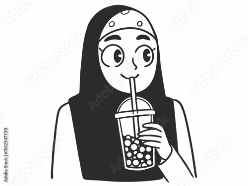 Happy Muslim Woman Enjoying a Refreshing Bubble Tea Drink