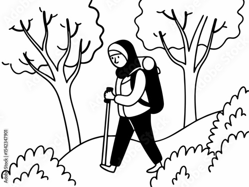 Woman Hiking in Nature Solo Trekking Adventure Illustration