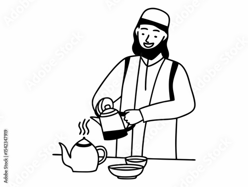 Man in Traditional Clothing Pouring Tea Line Art Illustration