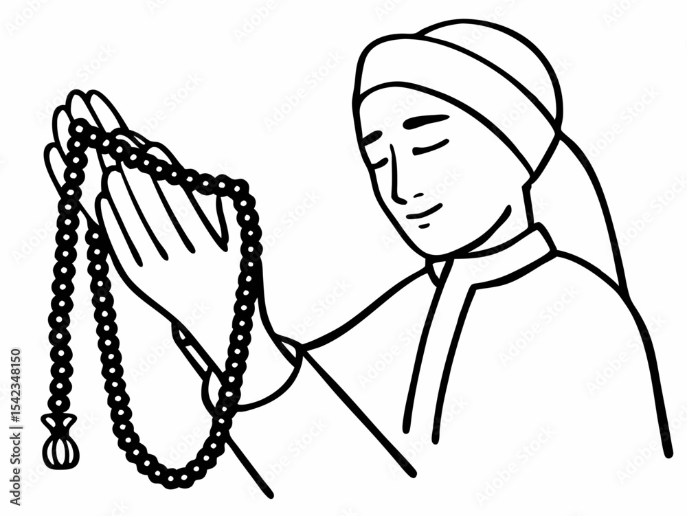 Fototapeta premium Person Praying with Prayer Beads A Simple Line Drawing Illustration