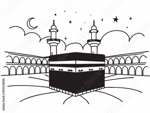 Islamic Holy Kaaba Mosque Night Sky Line Art Illustration