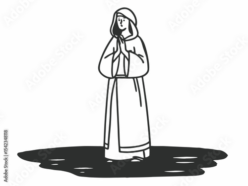Penitent Nun Standing in Water, Line Art Illustration