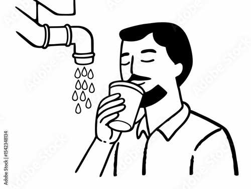 Man Drinking Clean Water from a Tap  A Simple Illustration of Hydration and Clean Water Access