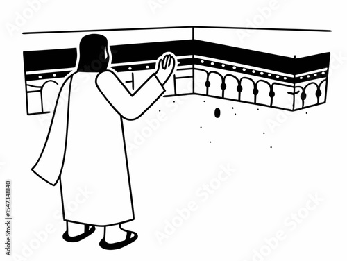 Pilgrim Performing Tawaf at the Kaaba A Black and White Illustration