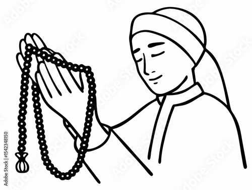 Person Praying with Prayer Beads A Simple Line Drawing Illustration