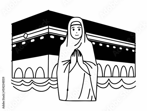 Woman in Hijab Praying at the Kaaba A Black and White Illustration