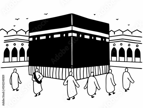 Illustration of the Kaaba in Mecca, Saudi Arabia, with Pilgrims