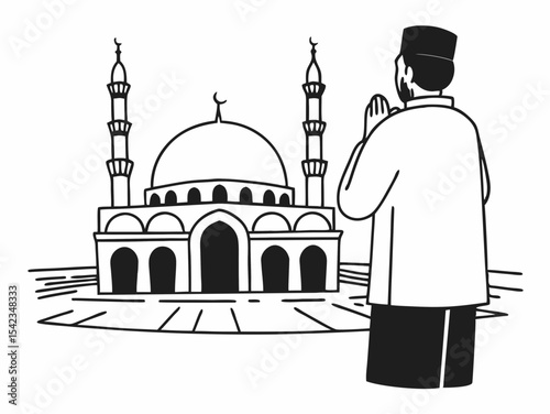 Muslim Man Praying Outside Mosque A Line Art Illustration