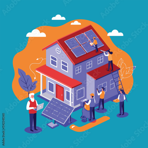 Isometric Illustration of Solar Panel Installation on a House with Workers and a Portable Solar Panel