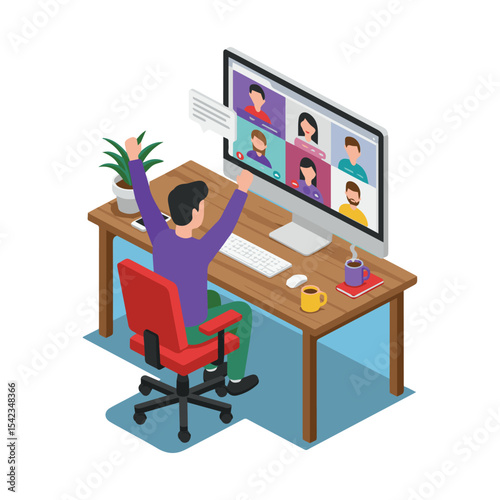 Isometric Illustration of a Man Celebrating Success During a Video Call Working from Home in a Cozy Office Environment