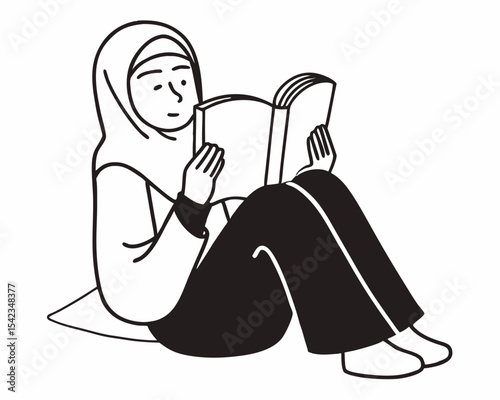 Young Woman in Hijab Enjoying a Book A Simple Line Drawing Illustration