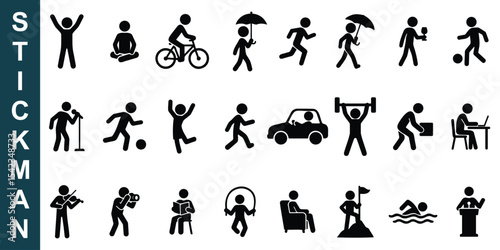 Minimal stickman icon set - showing various daily activities such as walking, biking, eating, talking, and working