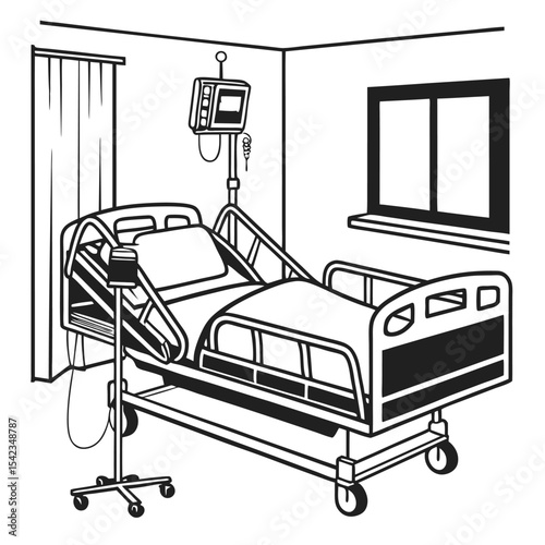 silhouette Recovery Room with bed and comfortable medical on white background