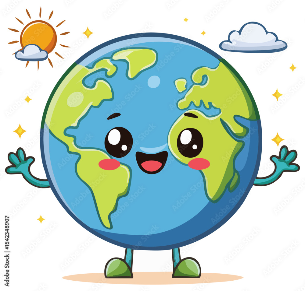 Fototapeta premium Cartoon earth with happy face, sun and cloud clipart illustration, isolated 