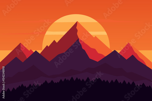 Majestic Sunset Mountain Range Silhouette A Vibrant Landscape Illustration