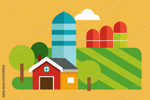 Farmhouse Landscape Idyllic Rural Scene with Silo and Rolling Fields
