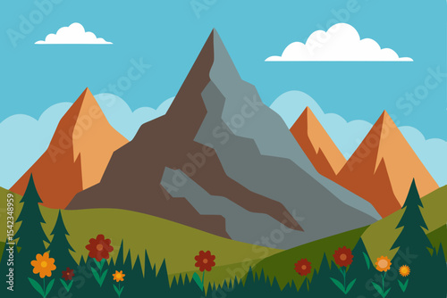 Majestic Mountain Landscape A Serene Nature Scene with Blooming Flowers and Lush Greenery
