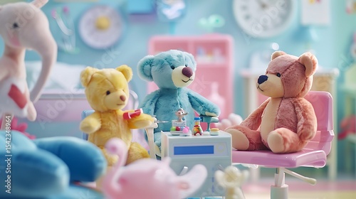 Plush toys in a miniature doctor's office.