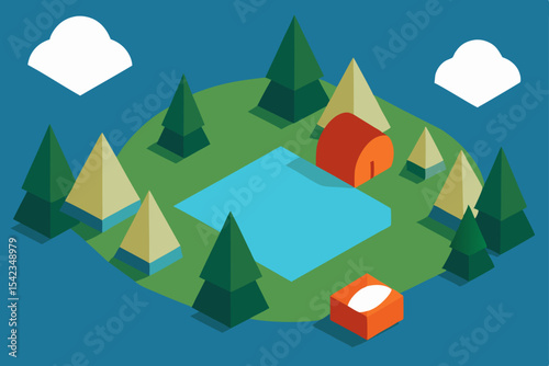 Isometric Camping Scene Lakeside Adventure Illustration