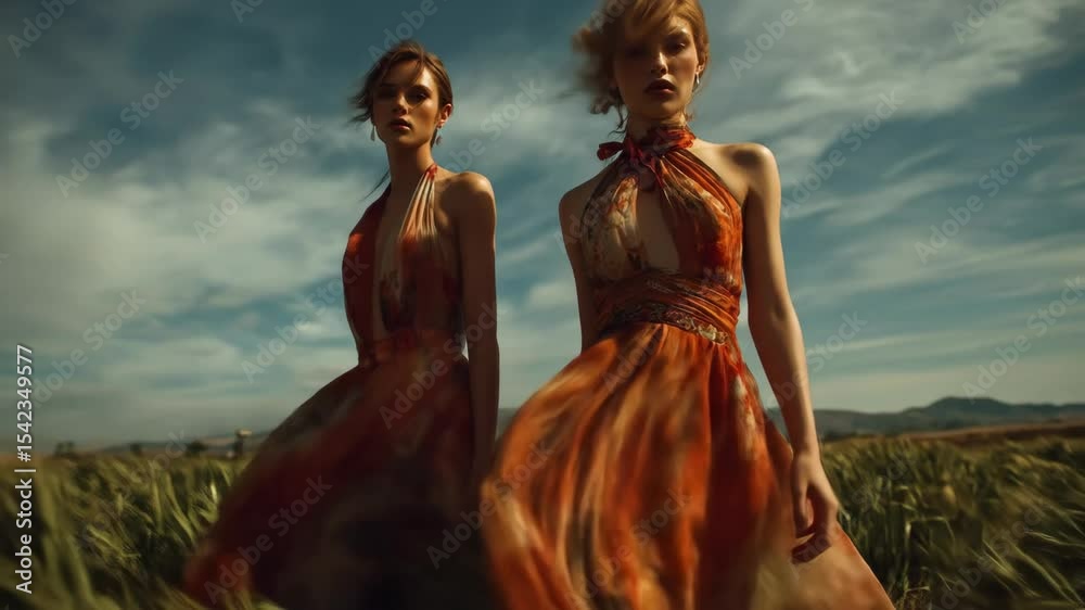 Fashion models in national costumes stand amid sunflowers, highlighting exquisite designer apparel. The vibrant scene merges tradition with contemporary fashion in a bright natural setting.

