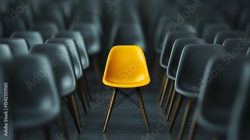 A single bright yellow chair amidst a sea of identical gray chairs.