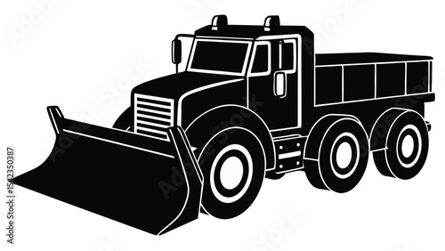 Black dump truck with snowplow isolated on white