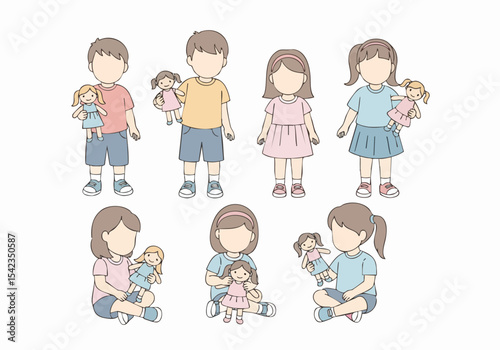 Simple Handdrawn Children Playing with Doll Illustration Graphic Asset