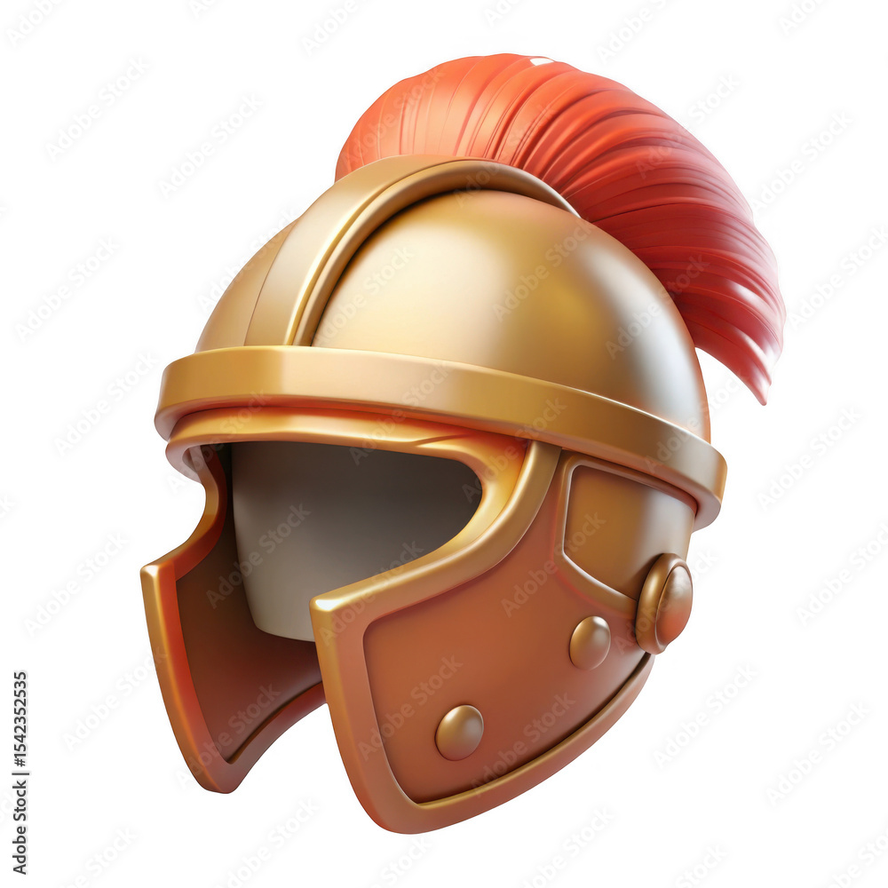 Obraz premium Roman helmet, 3d gold centurion gladiator armor with red crest, ancient warrior headgear icon isolated on Transparent Background