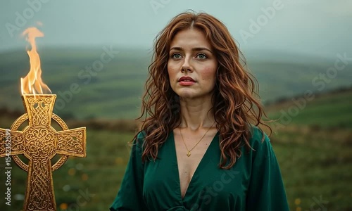 Saint Brigid Standing in Lush Field with Cross and Holy Flame

