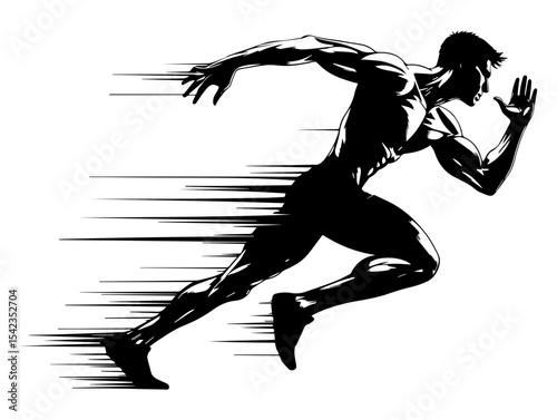 A black and white silhouette of a man running fast against a white isolated background. Vector graphics. EPS.