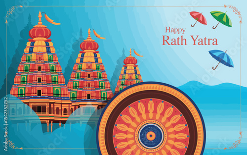 colorful rath yatra celebration with ornate temples and chariot wheel on blue background – traditional hindu religious festival art