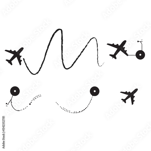 Airplane flight paths and travel icons set