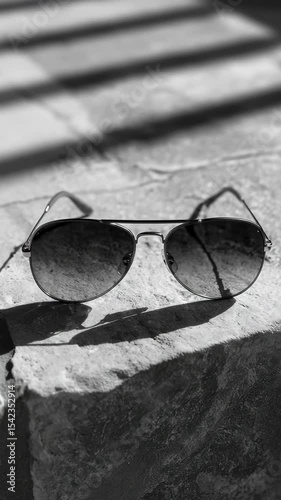Black sunglasses casting dramatic shadow on a sandy surface, captured in high contrast monochrome, professional product and advertisement video shoot