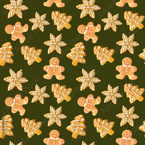 Festive seamless pattern Traditional Christmas cookies gingerbread men, trees, snowflakes with white icing on a solid forest green background for joyful holiday designs, wrapping, and digital projects