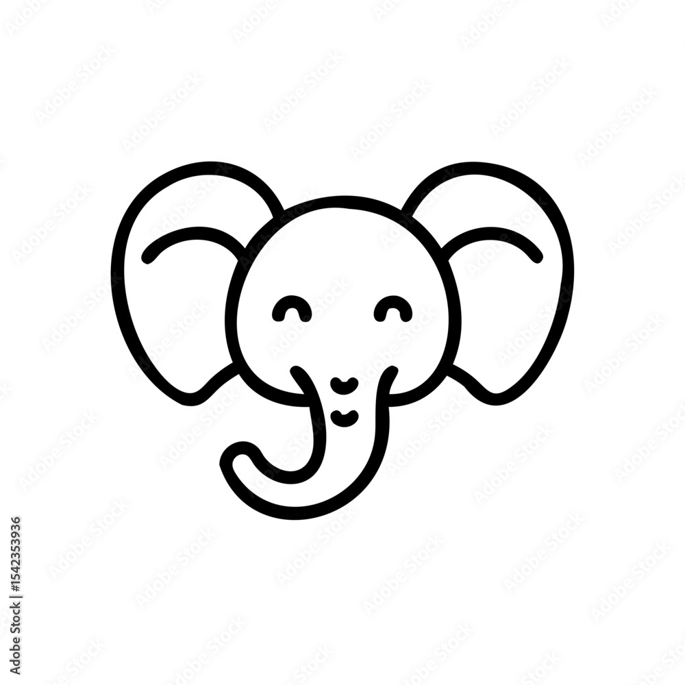Fototapeta premium Cute Cartoon Elephant Head Black Line Art Illustration Handmade Animal Face Design