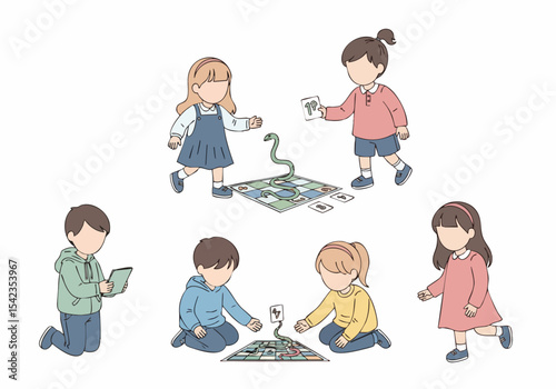 Soft Handdrawn Children Playing Card Game Illustration with Minimalist Style