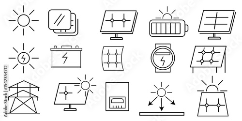 collection of outline icons related to solar energy and electricity isolated on white background.