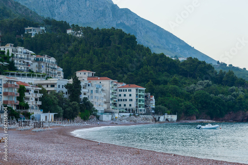 Sveti Stefan, Montenegro: pink pebble beach and Beach Hotels near Budva on the Montenegrin Riviera, along the Adriatic coast