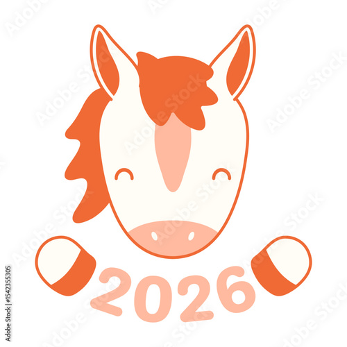 2026 Chinese zodiac sign, cute cartoon horse face isolated. Flat style vector illustration. Kawaii animal character. Lunar New Year, Seollal, Tet holiday card, banner, poster, decor, design element