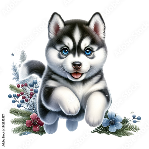 Playful Husky Puppy: A charming illustration of a cheerful husky puppy, showcasing its vibrant blue eyes, joyful expression, and fluffy fur, framed with decorative botanical elements.