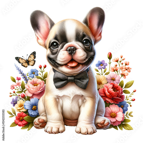 French Bulldog Portrait: A charming French Bulldog puppy, adorned with a dapper bow tie, sits amidst a vibrant bouquet of colorful flowers, capturing the essence of pure joy.