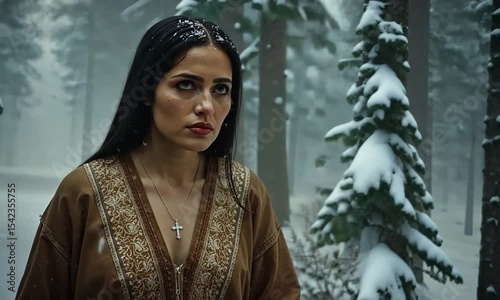 Sacred Scene of Saint Kateri Amid Falling Snow in Woods

