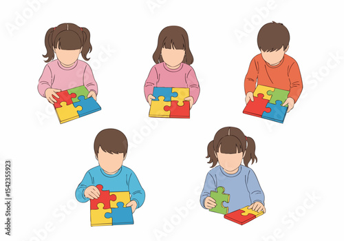 Flat Line Little Children Play Jigsaw Puzzle Together Illustration