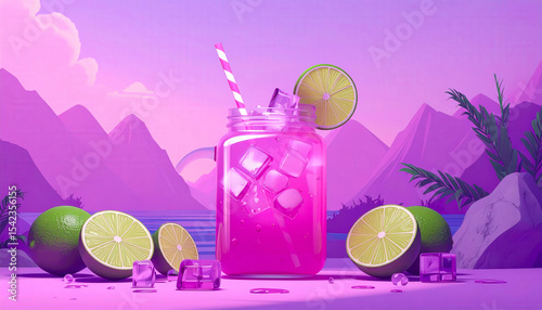 Refreshing drink in a jar with a straw, ice cubes, lime slices, 3D still life in a simple style in pink tones