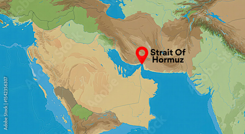 Strait of Hormuz with the location icon in flat political map style showing color-coded land and ocean regions without text or country names