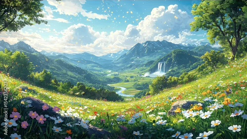 Lush Meadow of Blooming Wildflowers with Majestic Mountains and a Sparkling River in Tranquil Nature. Seamless looping 4k video background 